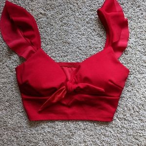 Ruffle sleeve tie front crop top
